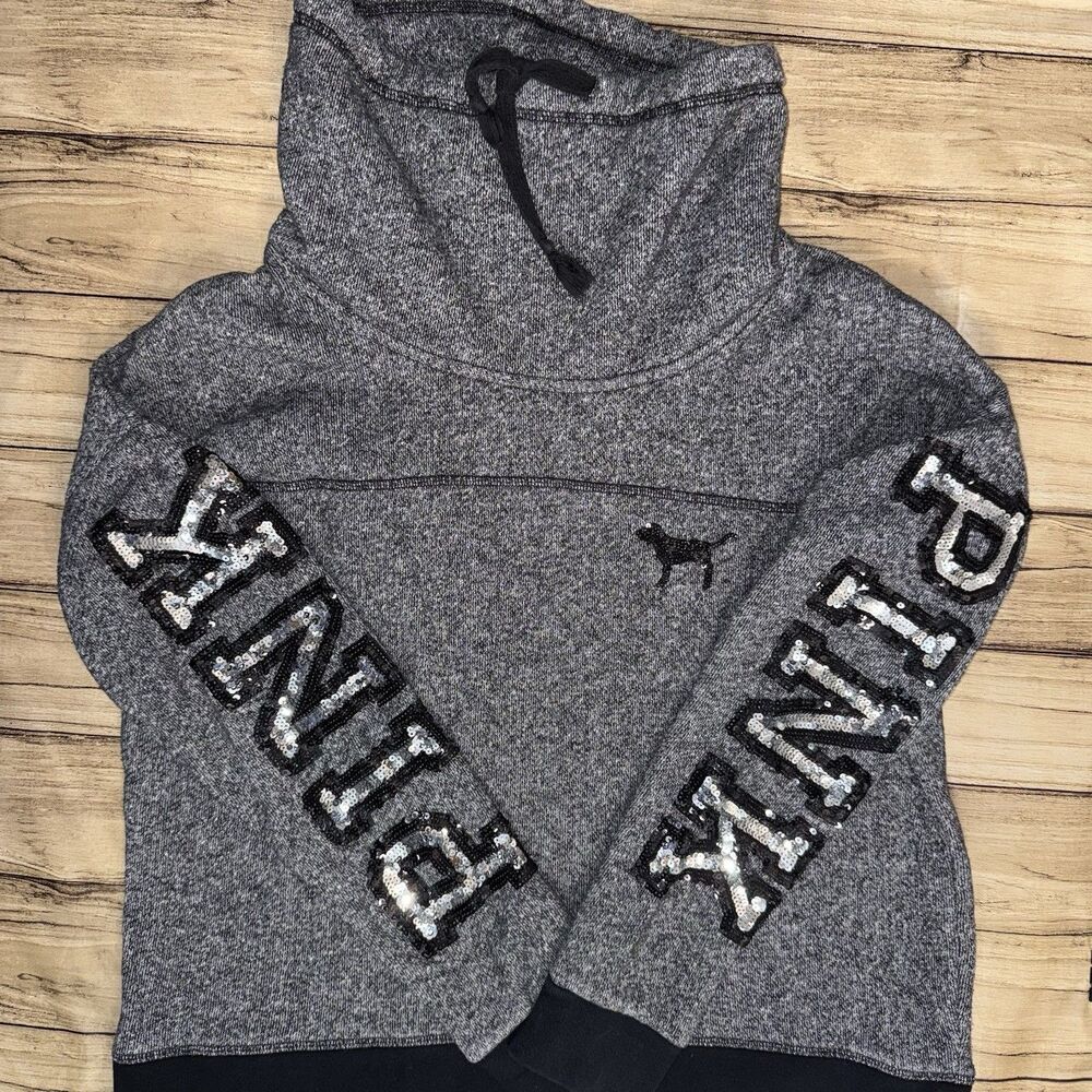 Victoria’s Secret Pink Cowl Funnel Neck Sweatshirt Gray Silver Bling Sequins